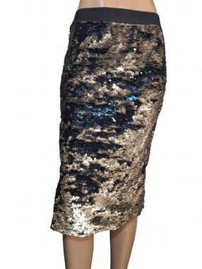 H&M Reversible Gold Black Teal Sequin Pencil Skirt Womens Size Small Midi Party